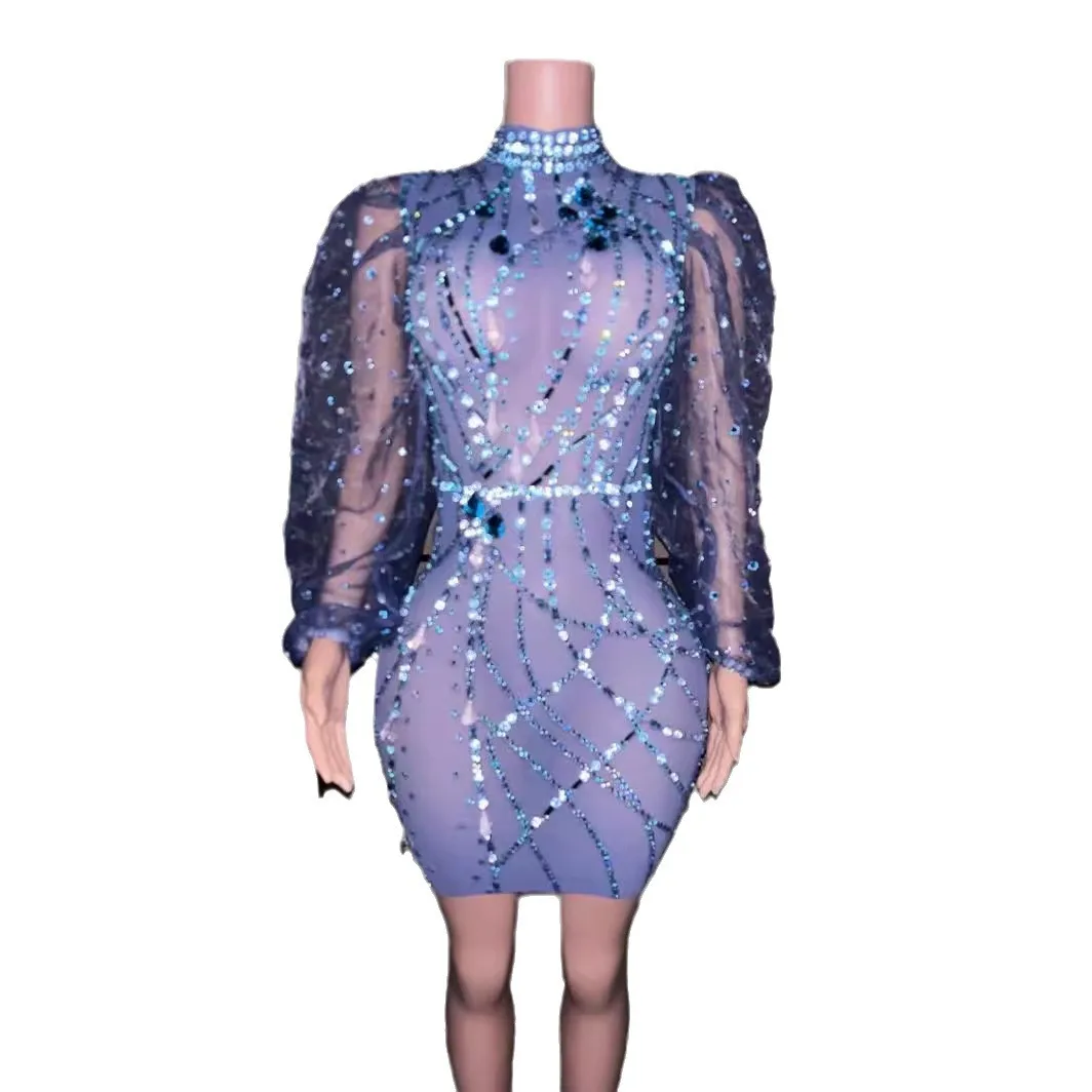 

Performance Blue Rhinestone Bubble Sleeve Dress Nightclub Party Stage Vestido De Fiesta Graduación Kleider Für Besondere Anlässe