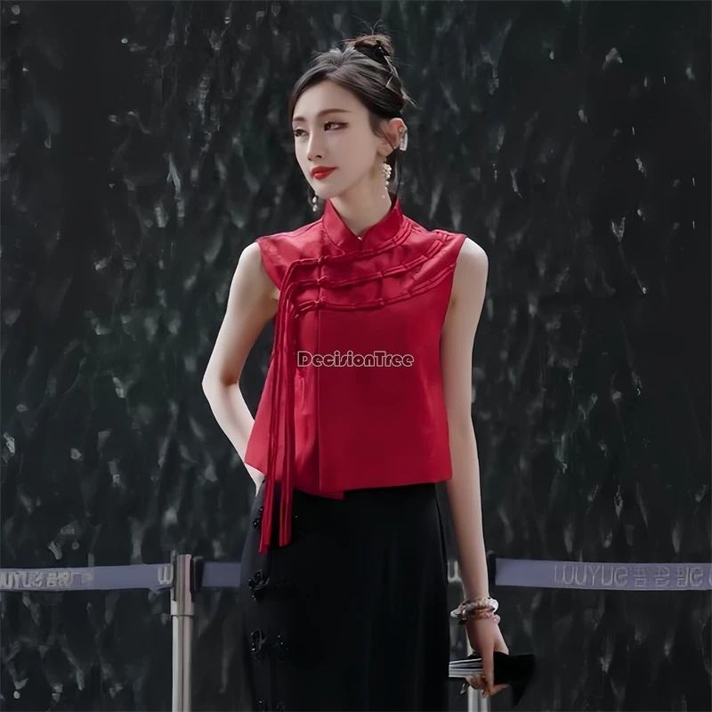 

Новинка 202, китайский улучшенный стиль, короткий жилет Cheongsam для женщин, летний жилет без рукавов с воротником-стойкой, модный костюм Тан, жилет, топ t1