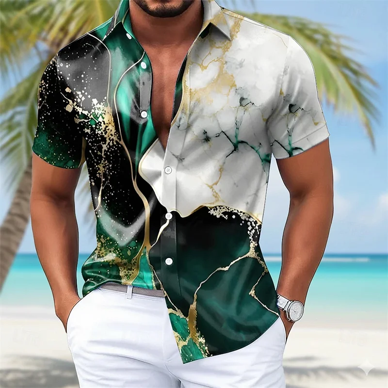 Men's Color-Blocked Shirt, 3D Digital Print Short-Sleeve, Summer Loose Fit, Comfortable Beach Vacation Casual Shirt, XS-6XL