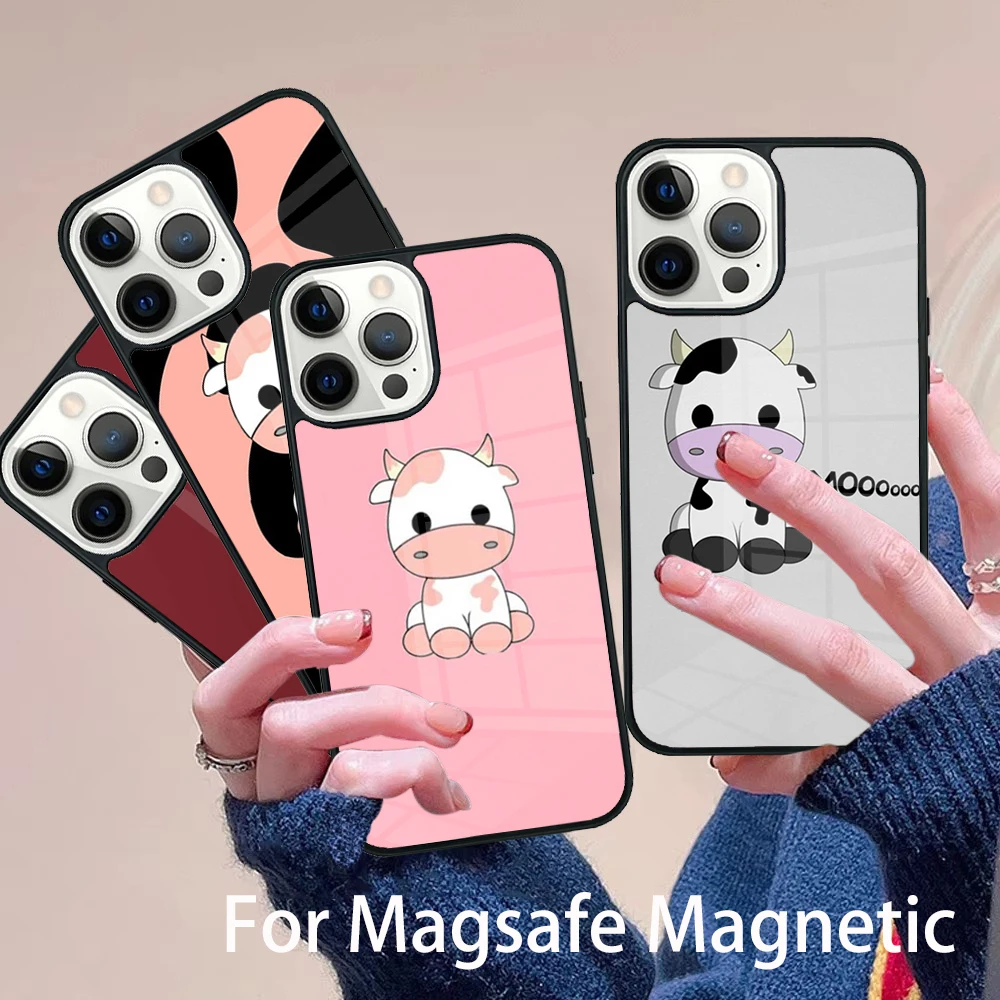 

Cartoon Cute Cow Spots Phone Case Magesafe Magnetic Wireless Charge Cover For IPhone 16 11 12 13 14 15 Pro Max Plus Mini