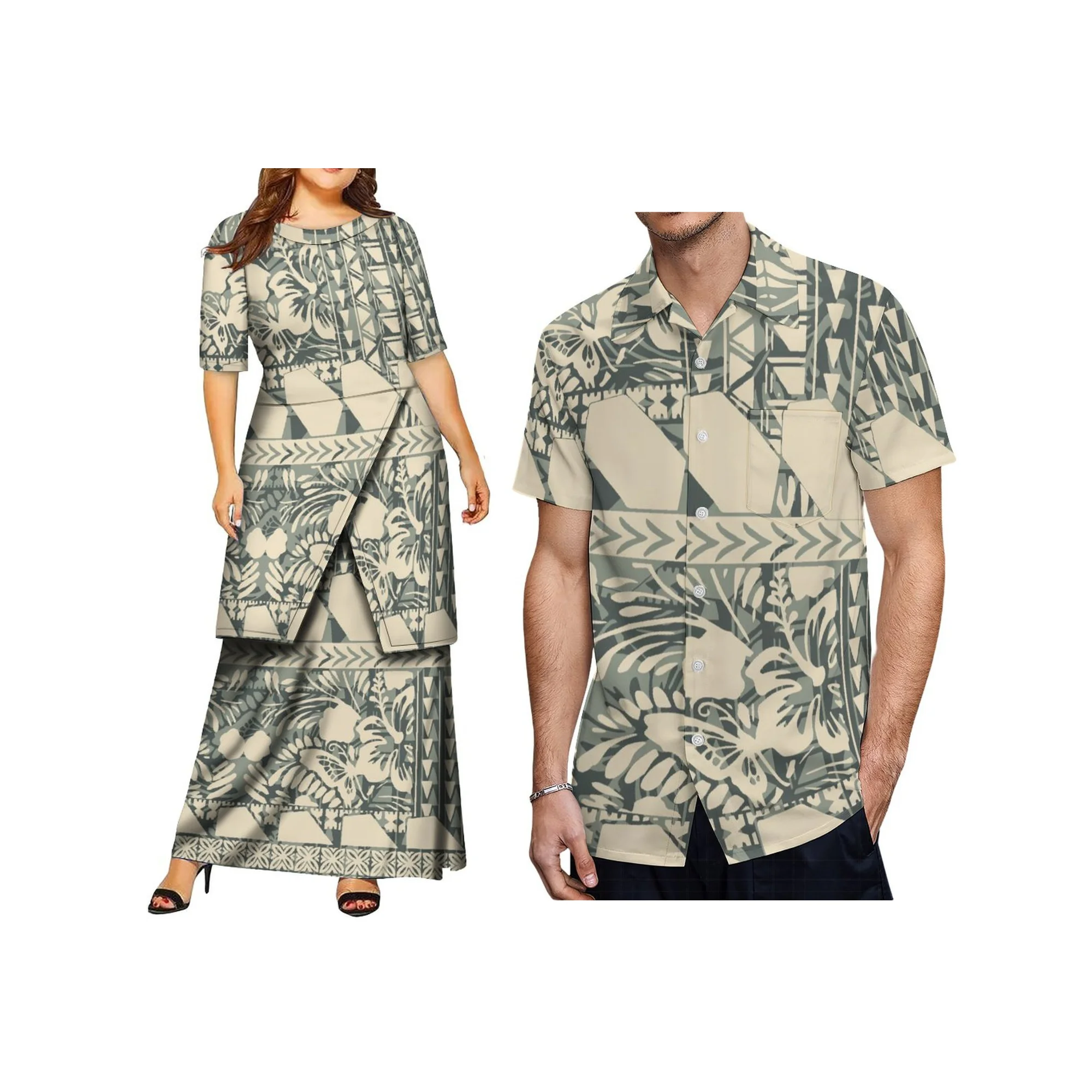 

High Quality Wholesale Custom Logo Puletasi Samoa Dress Puletasi Polynesain Design Half Sleeve O-neck Lady Dress
