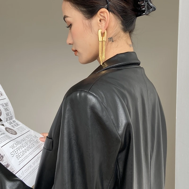Brass With 18K Gold Long Tassel  Statement Drop Earrings Women Jewelry Party T Show Gown Punk Gothic Top Runway Korean Japan
