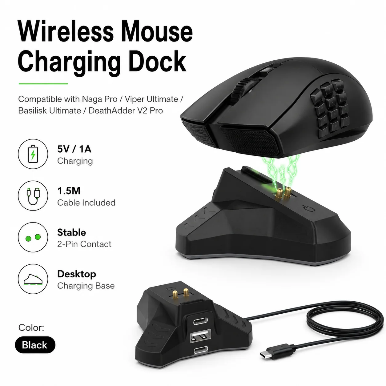 Wireless Mouse Charging Dock for Razer Naga Pro Viper Ultimate Basilisk Ultimate DeathAdder V2 Pro Charger Stand 1.5M Cable