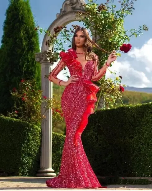 

Red Evening Dresses Mermaid Long Sleeves Sequins Backless Long Turkey Dubai Saudi Arabic Evening Gown Prom Dresses