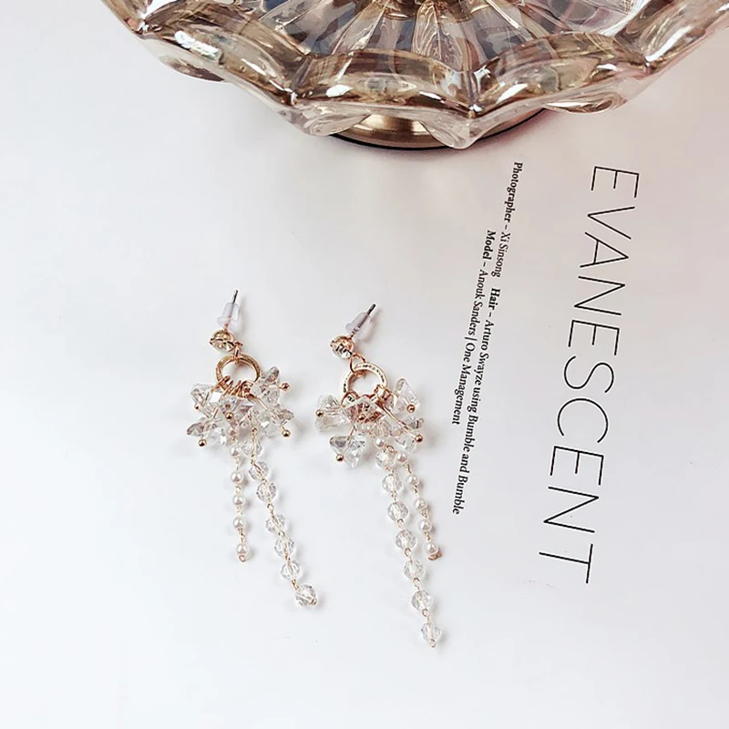 Orecchini pendenti lunghi in cristallo di moda per le donne Cerchio rotondo dorato Mini perline Orecchini pendenti con nappa Gioielli dolci per la festa nuziale