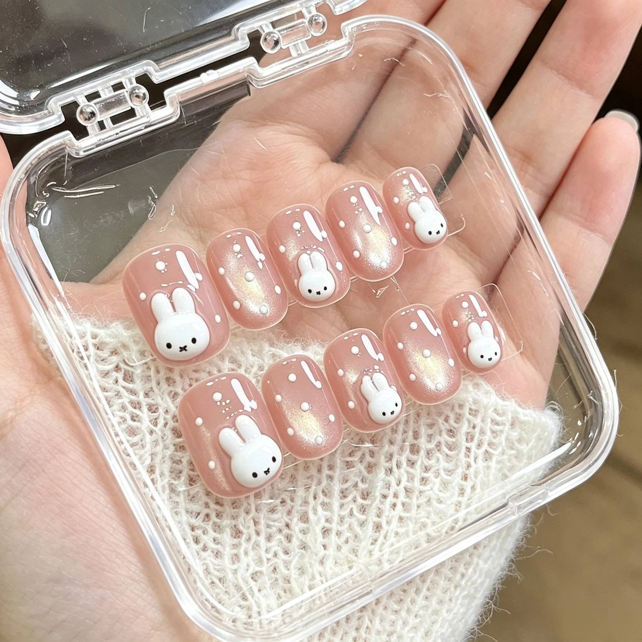 10 Stück 3D Hasen-Handgemachte Aufklebenägel Süße Rosa Mädchen-Katzenaugen-Kunstnägel Kurze Ovale Vollabdeckung für Frauen Künstliche Nägel – Detail 3