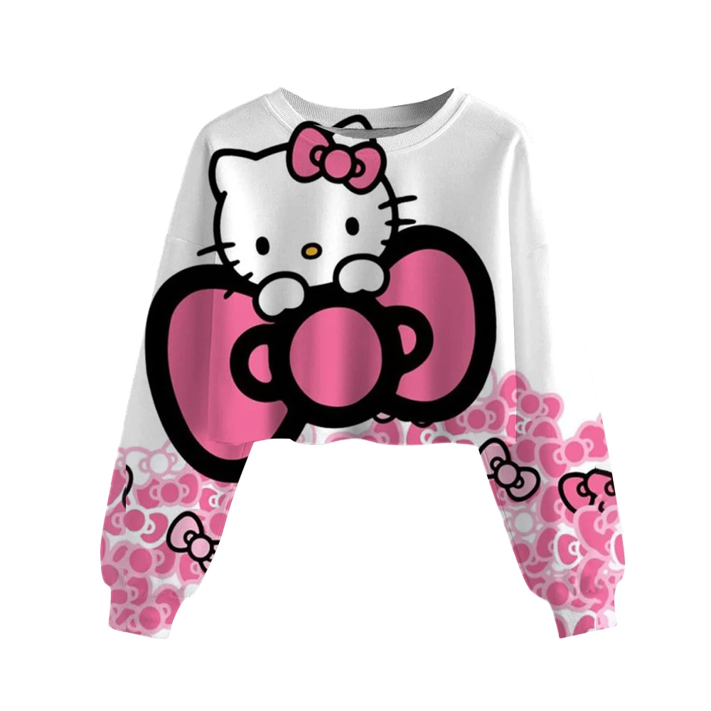 

Spring Autumn Kids Hello Kitty print Crop Sweatshirts Trendy Kawaii Girls Long Sleeves Pullover Tops Cartoon Child Clothes Gift