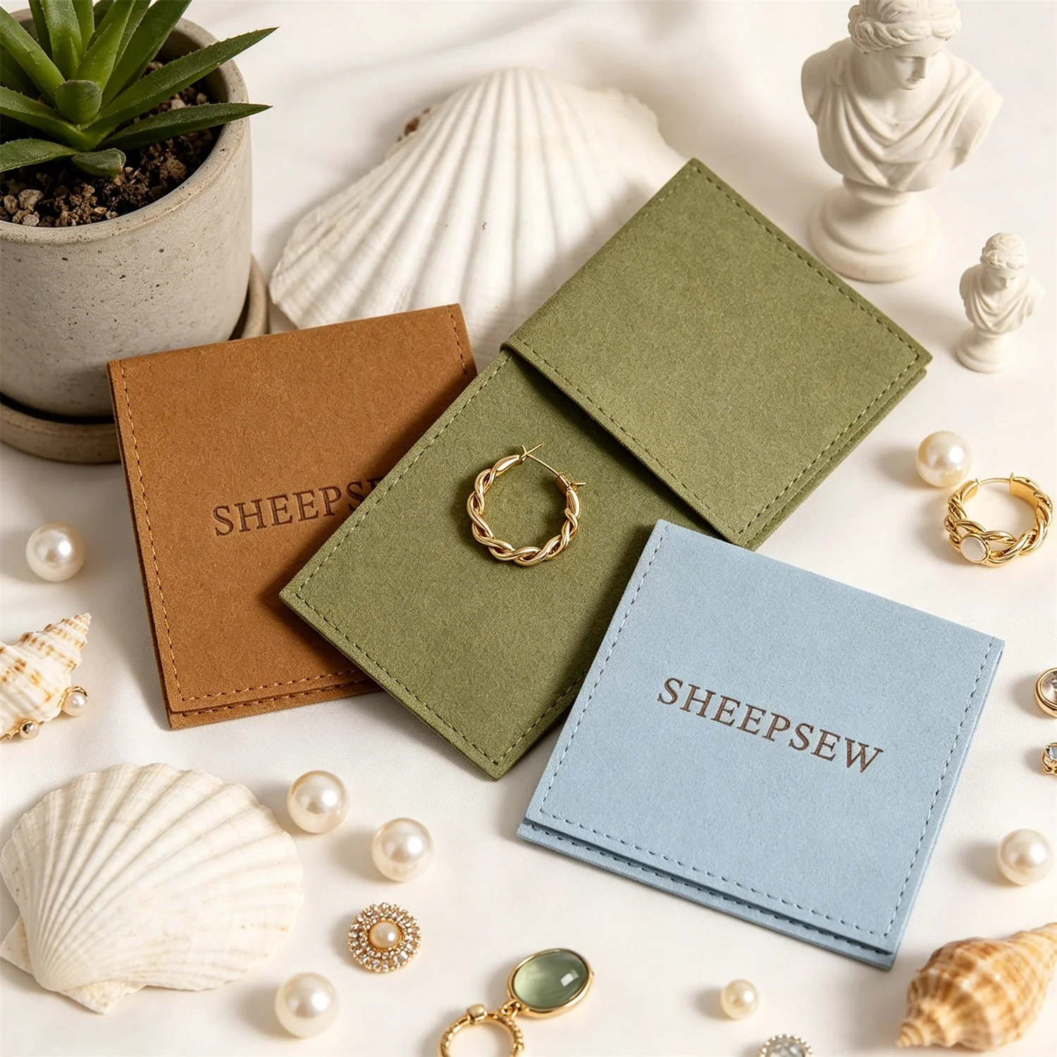 Custom Logo SHEEPSEW Microfiber Jewelry Pouch Envelope Suede Jewelry Bag Earrings Rings Necklaces Storage Packing Bag Wedding Gi