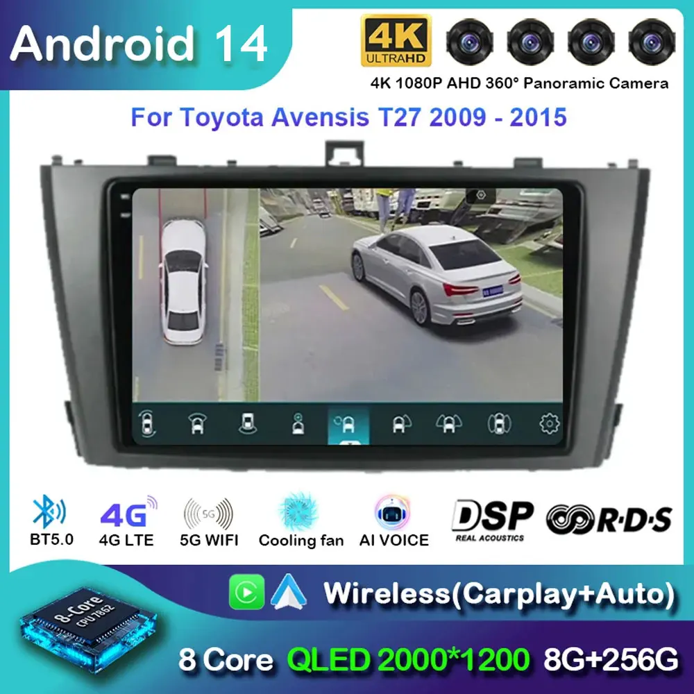 Android 14 Carplay Auto Car Radio For Toyota Avensis T27 2009 - 2015 Navigation GPS Multimedia Player video Stereo WiFi+4G BT