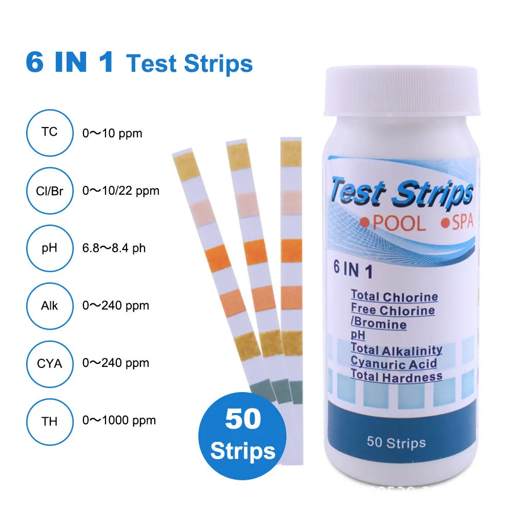 50 Stück/Flasche 6 in 1 Mehrzweck-Chlor-PH-Teststreifen SPA Schwimmbad Wasser Tester Papier – Detail 1