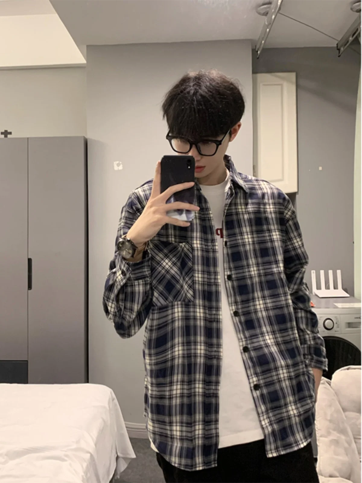 

Синяя клетчатая рубашка с длинным рукавом для мужчин в американском ретро-стиле, молодежная, весенне-летняя, с защитой от УФ-излучения, свободного кроя