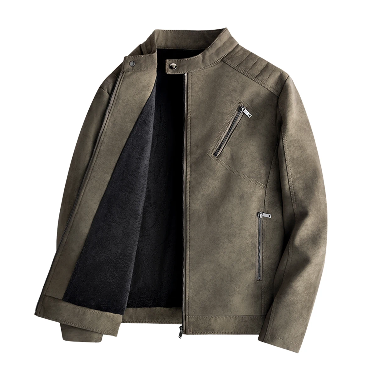 

Модная кожаная куртка для мужчин с флисовой подкладкой, приталенного кроя, с воротником-стойкой, байкерская куртка, осенне-зимняя верхняя одежда, стильная мотоциклетная одежда