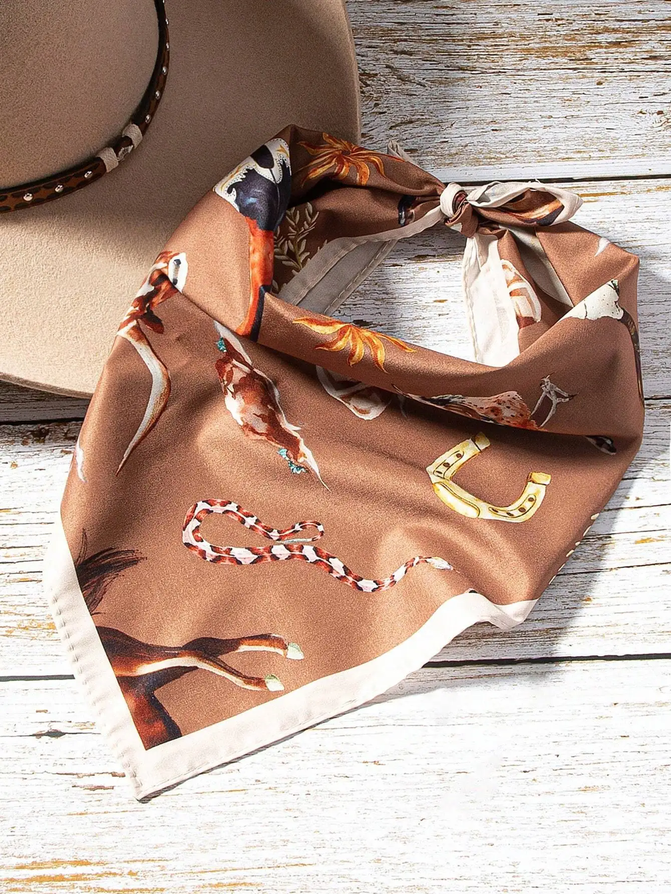 

Western Print Scarf For Women Bandana Headwrap Horse Boot Horseshoe Turquoise Floral Boho Style