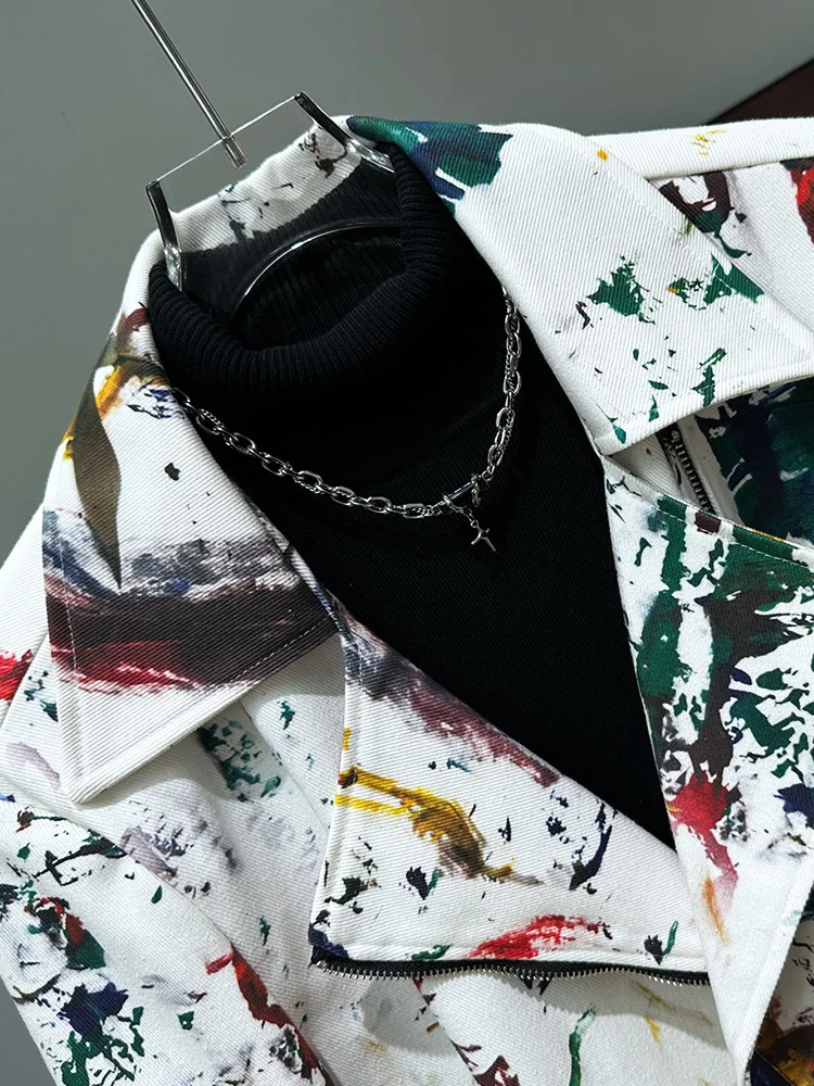 Graffiti Printing Jacket Men\'s Short 2024 New Fashion Splash-Ink Craft Fashion Zipper Motorcycle Jackets Trendy Male Chic Coats