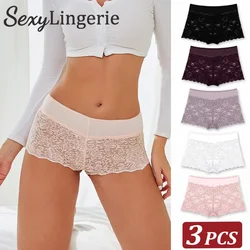 3Pcs/Set Sexy Lace Underpants for Women Floral Boyshort Panties Low-Rise Underwear Trendy Panties Ladies Lingerie Mocha S-XL