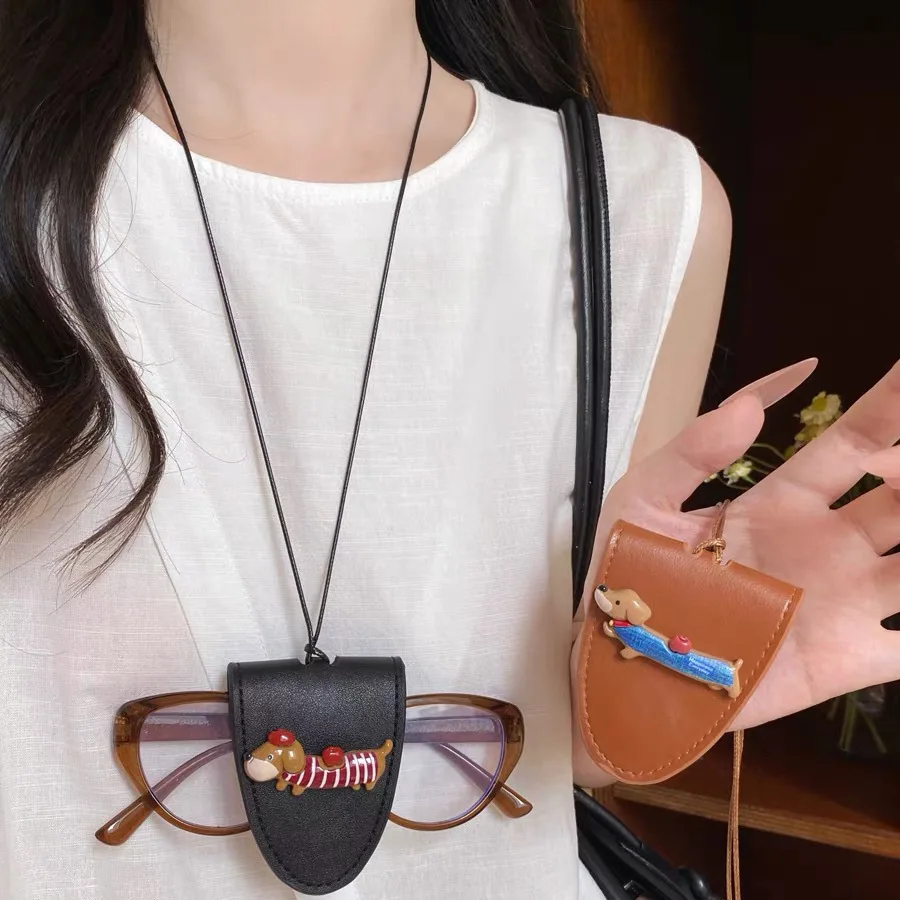 Cute Dog Hanging Neck Sunglasses Eyeglasses Storage Bag PU Leather Magnetic Glasses Clip Cover Travel Anti-lost Glasses Holder