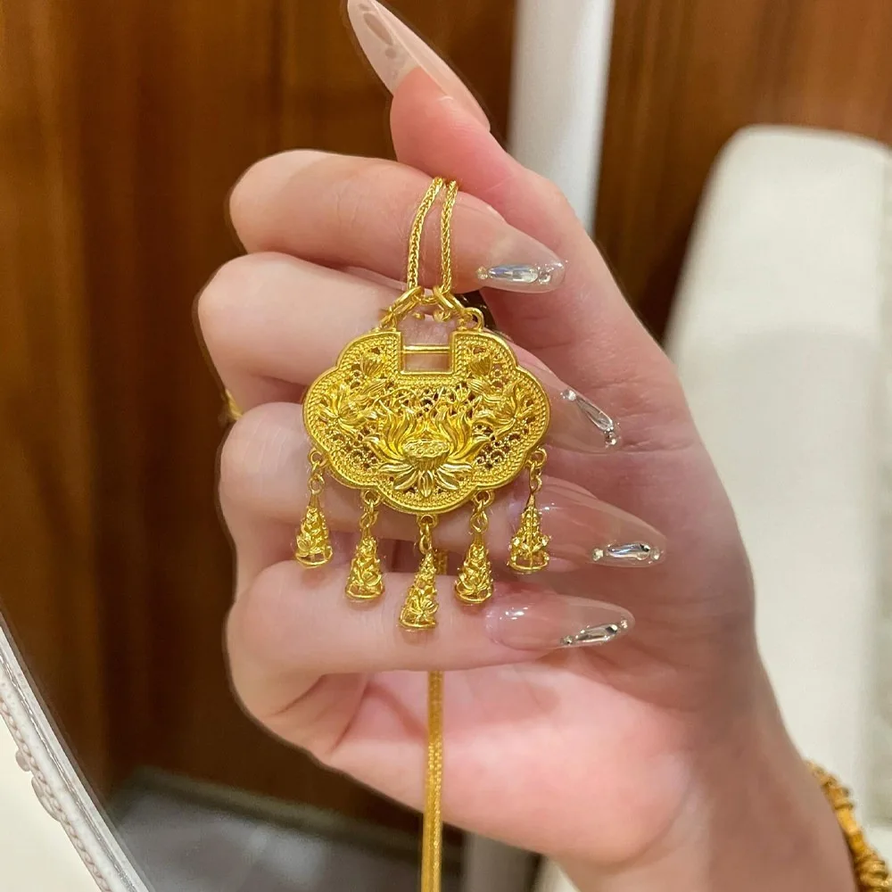 New Chinese ancient method hollow out lotus flower Ruyi tassel safe lock pendant 9999gold