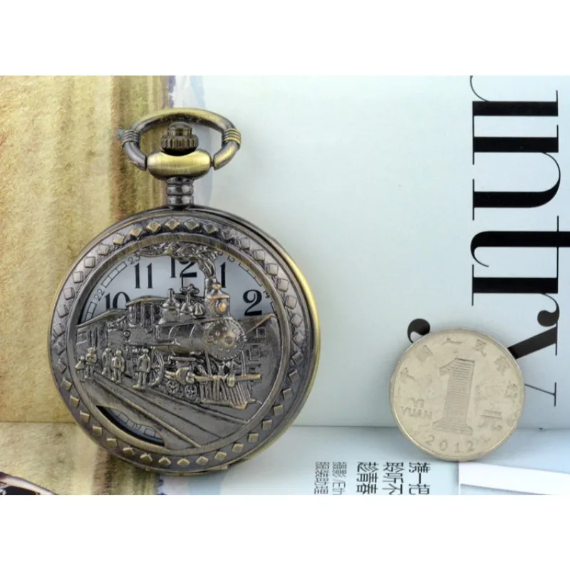 Antique Style Bronze Tone Train Design Men's Quartz Pocket Watch With Fob Chain Nice Xmas Gift