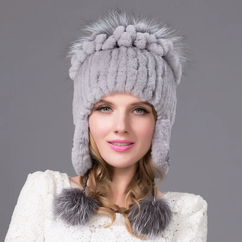 New Otter Rabbit Fur Woven Fur Hat, Ear Protector Cap, Fox Fur Floral Knitted Hat, Amazon AliExpress Hot Sale