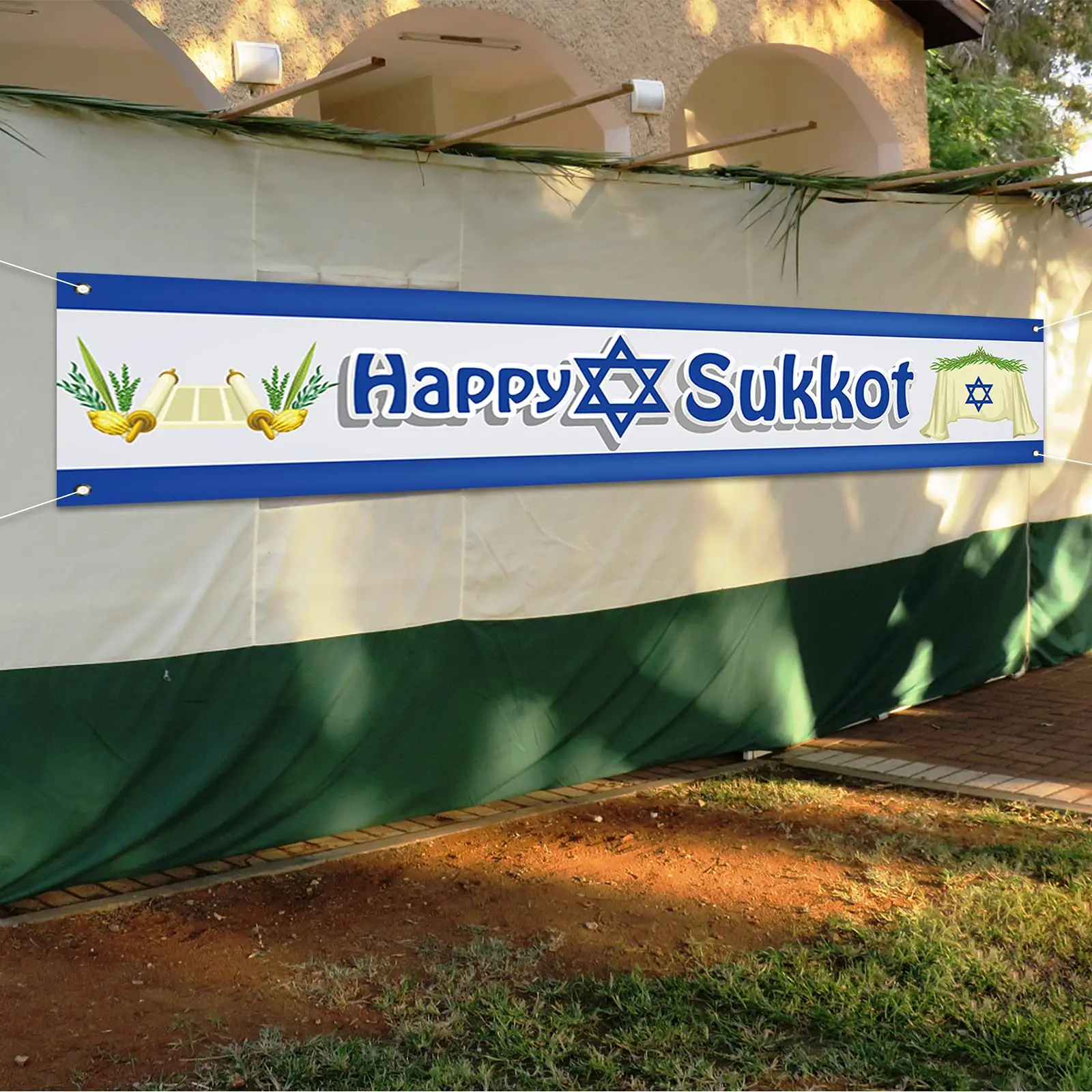 Happy Sukkot Banner for Yard Lawn Fence Decor Israel Sukkah Jewish Holiday Celebration Festival Outdoor Decoration Party Supply