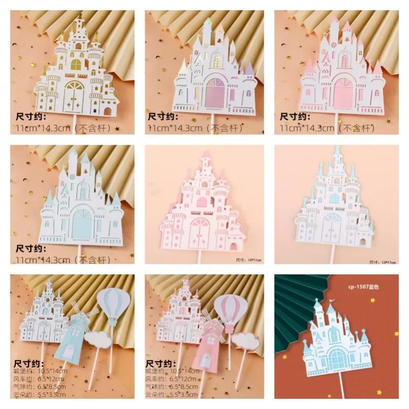 Multi-layer Stereoscopic Cartoon Fairy Tale Castle Cake Decoration Pink Blue Gold Cake Topper Happy Birthday Party Decor Kids