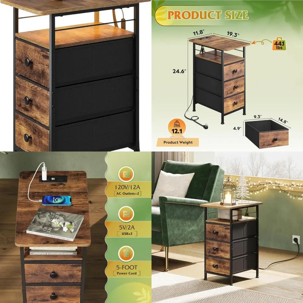 

Приставной столик зарядной станции коричневого цвета в деревенском стиле со светодиодной подсветкой, тканевыми ящиками и открытой полкой для гостиных и спален в маленьких квартире