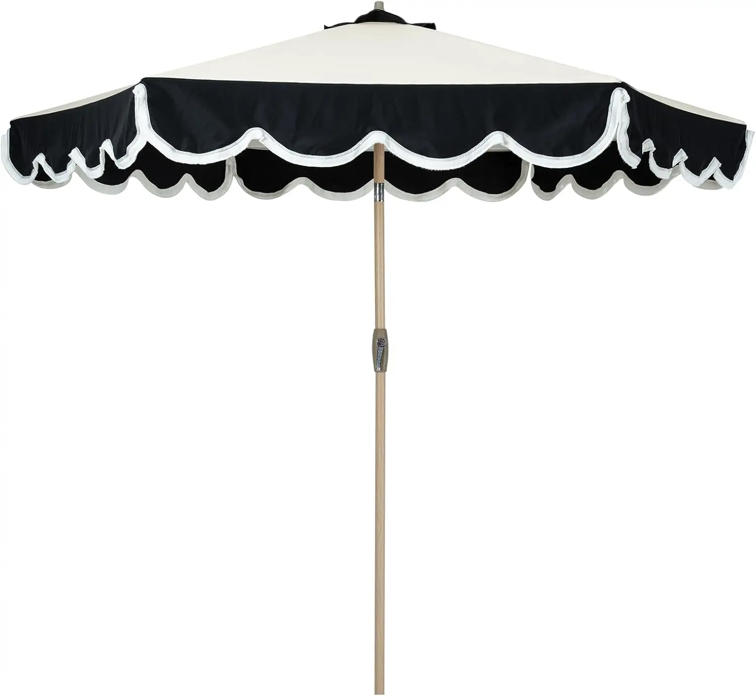 9 FT Scalloped Fringe Market Patio Umbrella, Water‑Resistant & Fade‑Resistant Canopy with Button Tilt, 1.5 Inch Wood Pole, Outdoor Shade Shelter for Patio, Deck and Backyard, Black‑Beige Spliced