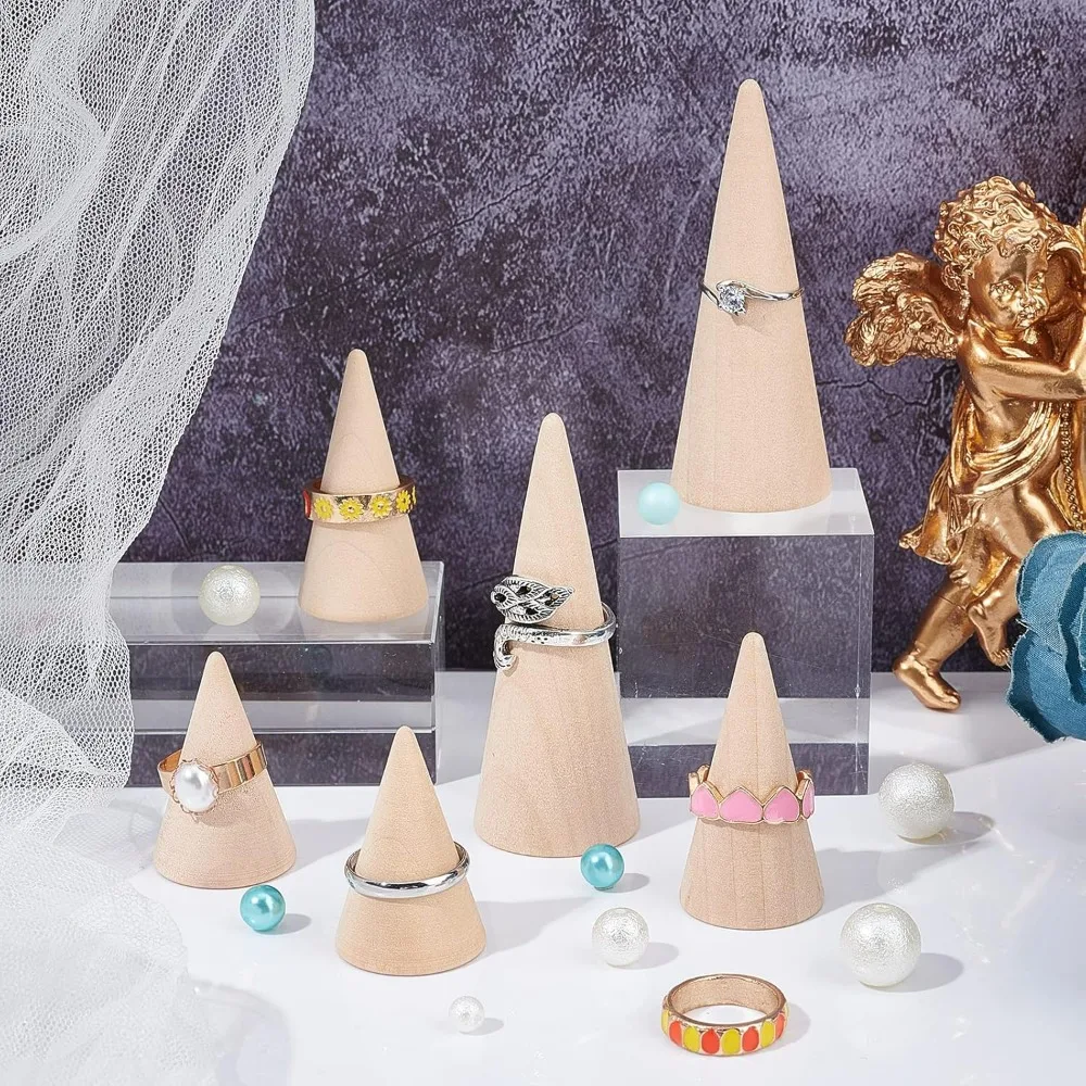 12Pcs 3 Sizes Wooden Ring Displays, Cone Shaped Finger Ring Stand Jewelry Display for Rings Jewelry Exhibition,Mixed Color