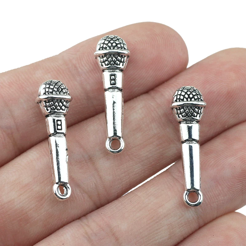 Factory price 20 PCS/Lot 26.3mm*7mm suspension metal diy handmade antique silver plated microphone charms