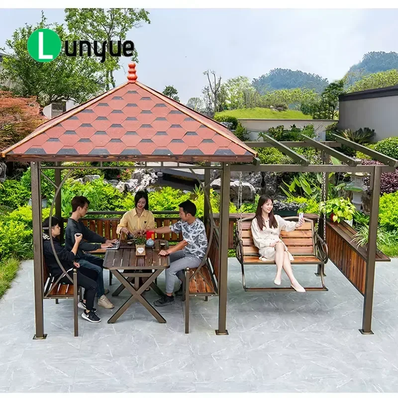 Durable Waterproof Fiberglass Hardtop Pop Up Metal Gazebo with Swing Seat and Dining Table Modern Outdoor Garden Pavilion Set
