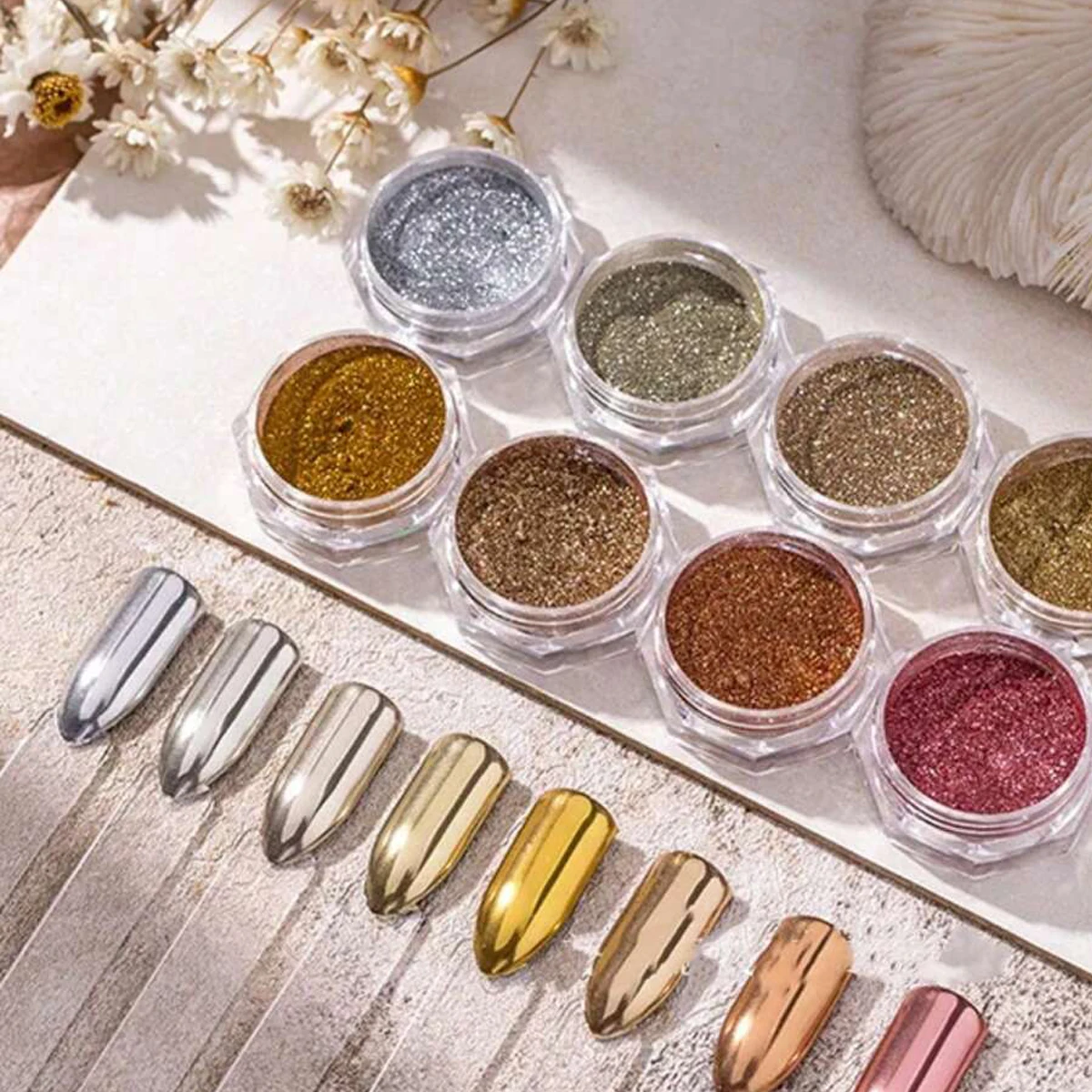 Magic Mirror Sparkling Powder Set, pintura metálica escura, Nail Art Decoração, DIY Charm Products, Outono, Inverno, 5 Pcs, 8Pcs