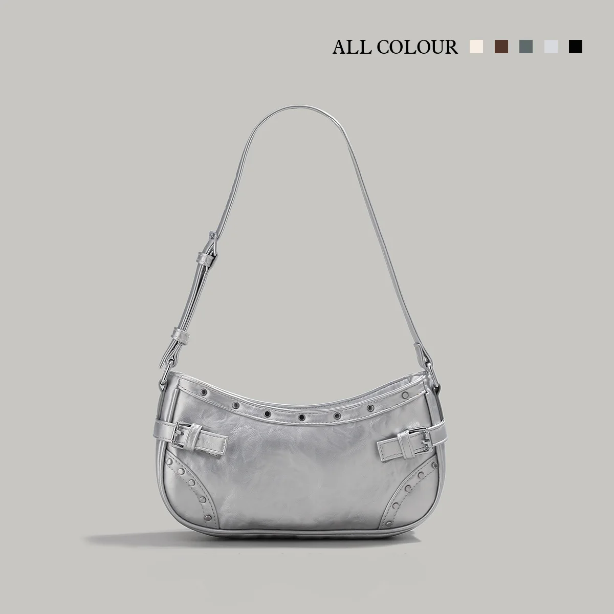 

New Women's Silver Handbag Luxury Leather Brand Bags y2k Rivets Armpit Shoulder Bags Punk Cool Girl Party Street Bags Bolsas