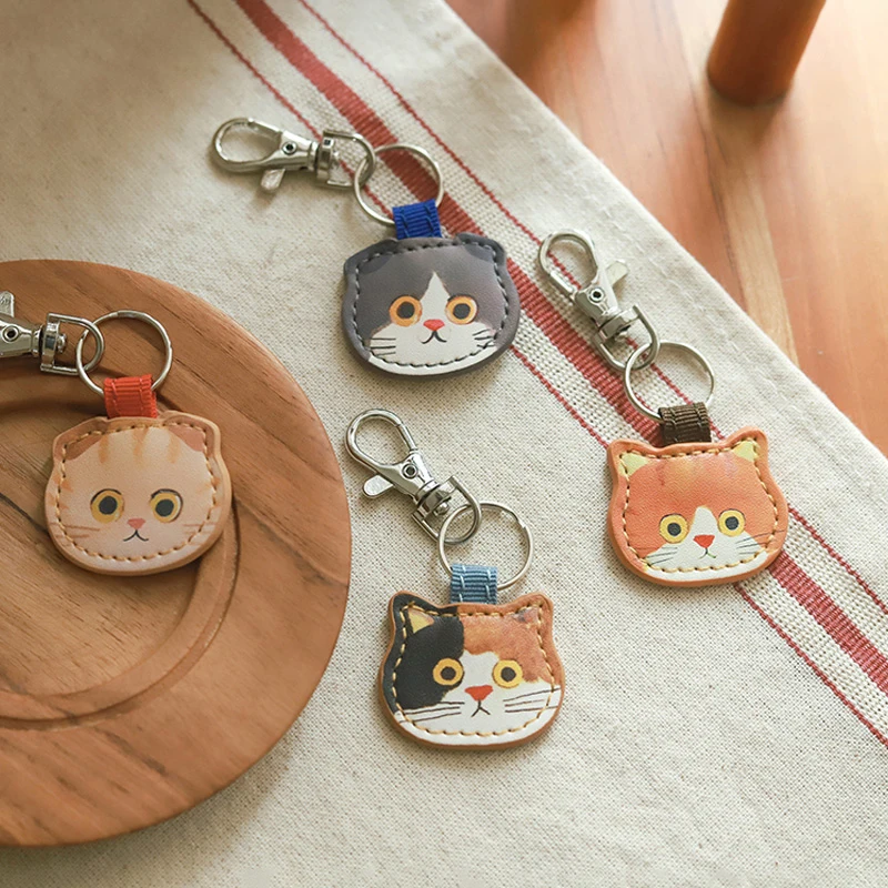 Japanese Cartoon Kitten Keyring Backpack Zipper Pendant Cute Pu Leather Cat Key Chain Mini Calico Cat Lobster Clasps Key Holder