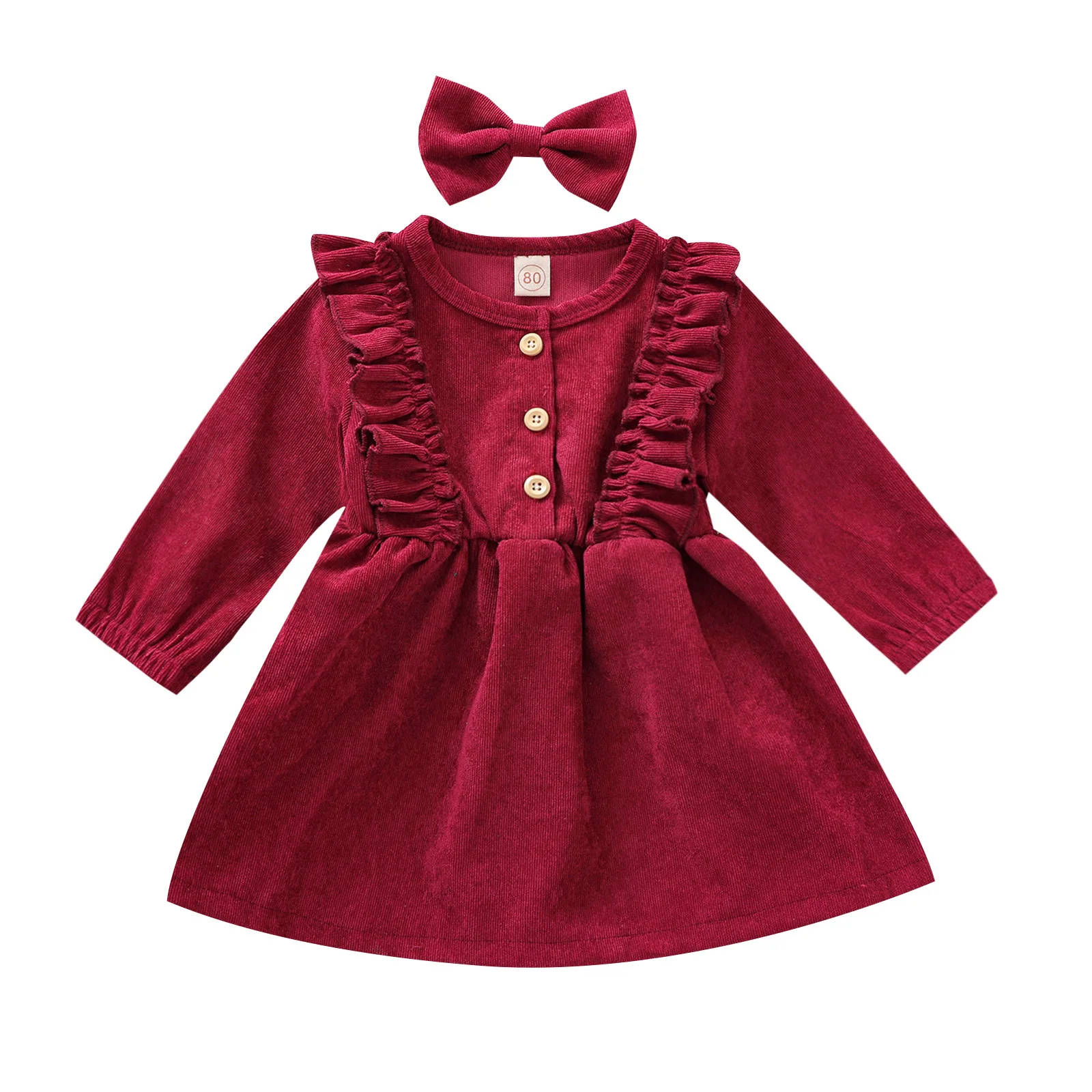 Baby Girl Dress High-Waist Midi Long Sleeve Round Collar Ruffle Buttons Princess Pleated Fall Skirt Headband