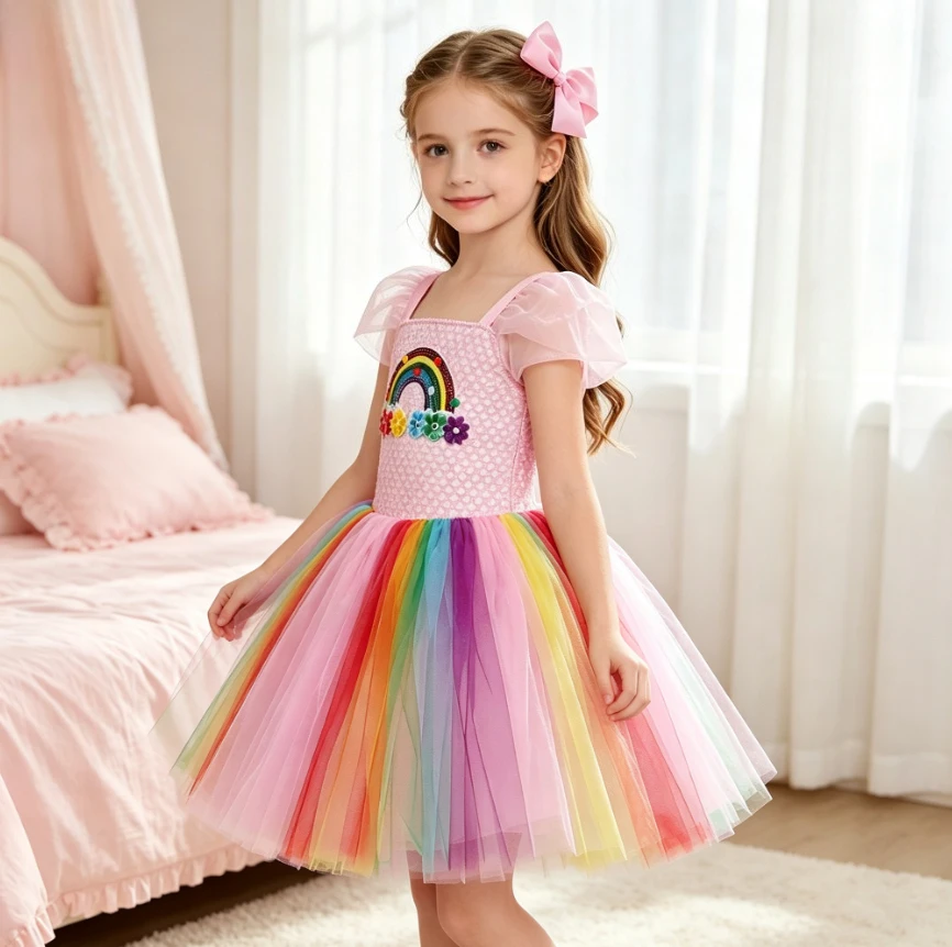 Rainbow Color Sweet Style Puff Short Sleeve Tulle Princess Tutu Dress With Bowknot Hair Clip For Birthday Halloween Party Outfit