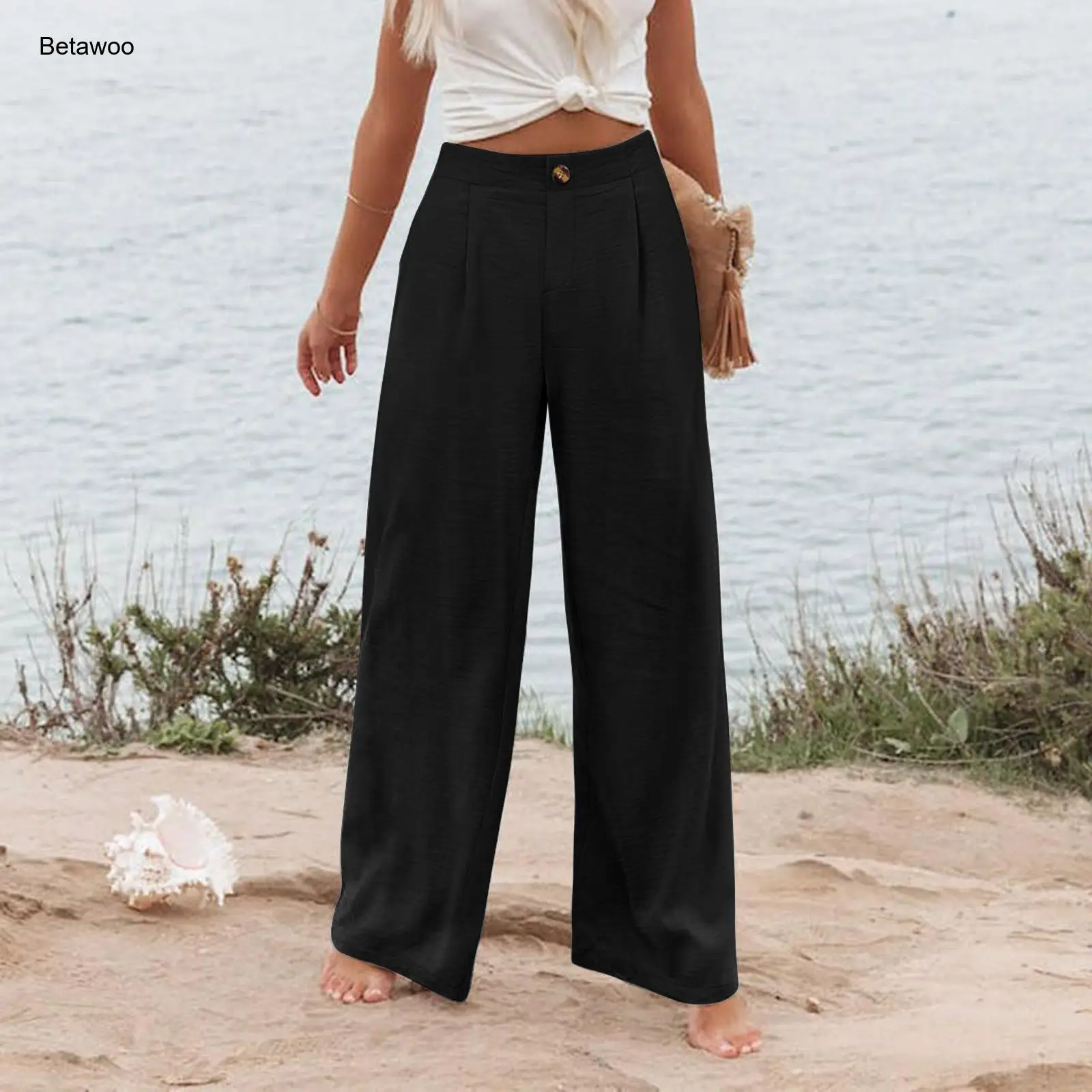

Womens High Waisted Button Wide Leg Suit Pants Casual Office Trousers