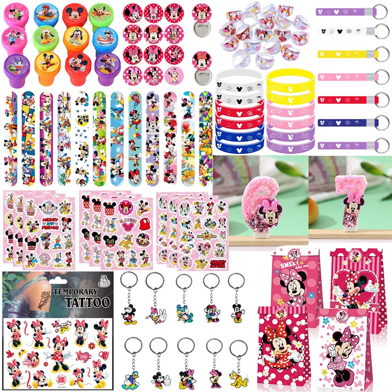 Decoración de fiesta de cumpleaños de Minnie, regalos de fiesta de Mickey Minnie, bolsa de regalo, sellos, pulseras, pegatinas, llaveros, vela, fiesta de cumpleaños