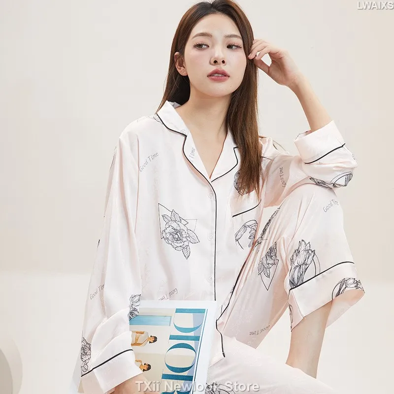 Spring and Autumn New Fashion Women's Home Clothes Lace Cuff Long Sleeve Cardigan Two-piece Simple Skin-friendly Pajamas