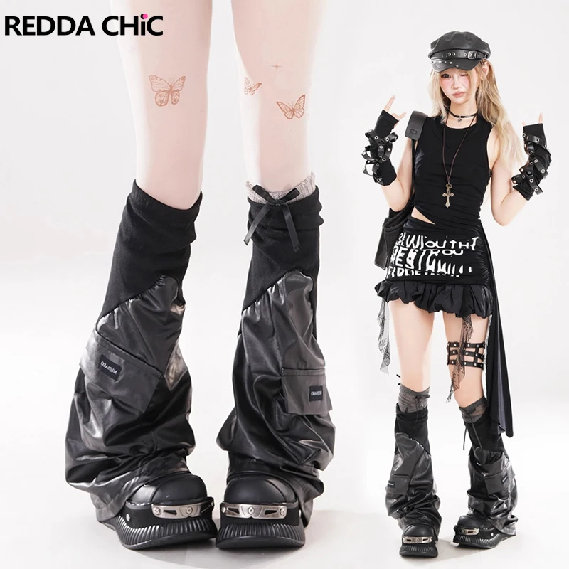 

REDDACHiC ребристые вязаные кожаные гетры для женщин, черные винтажные лоскутные ботинки с карманами до бедра, уличная одежда в стиле панк в стиле ретро