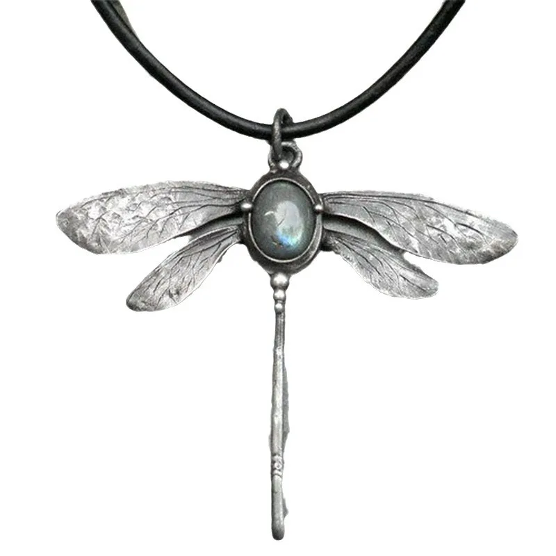 Retro insect dragonfly black leather rope pendant European and American personalized moonstone necklace hot-selling