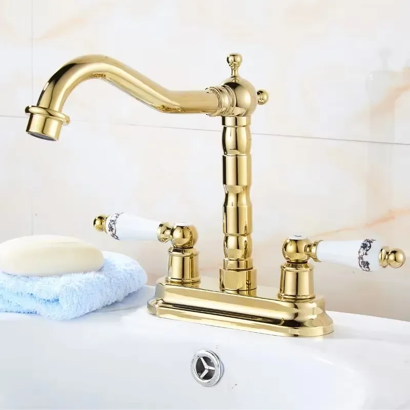 

Dual Holder Faucet Bathroom Brass Sink Tap Antique Bronze Mixer Tap Deck Mounted Hot and Cold Single Hole Tub Faucet