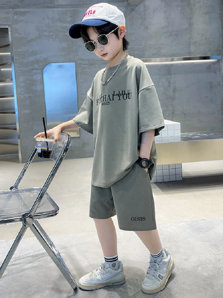 9-12Y Children Boy Summer Clothes Fashion Short Sleeve Letter Tshirt Top and Short Bottom 2pcs Outfit Teenage Casual Tracksuit