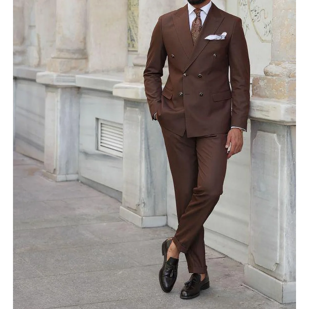 Chic Brown Male Suit Slim Fashion Peak Lapel Business Causal Clothing Two Piece Prom Wedding Party Tuxedo Costume Homme