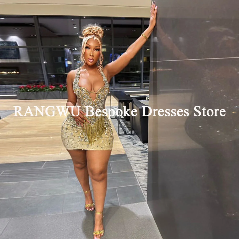 Shinny Champagne Birthday Dresses For Women Halter Crystal Short Prom Gowns Rhinestone Tassel Girls Party Dress Customized