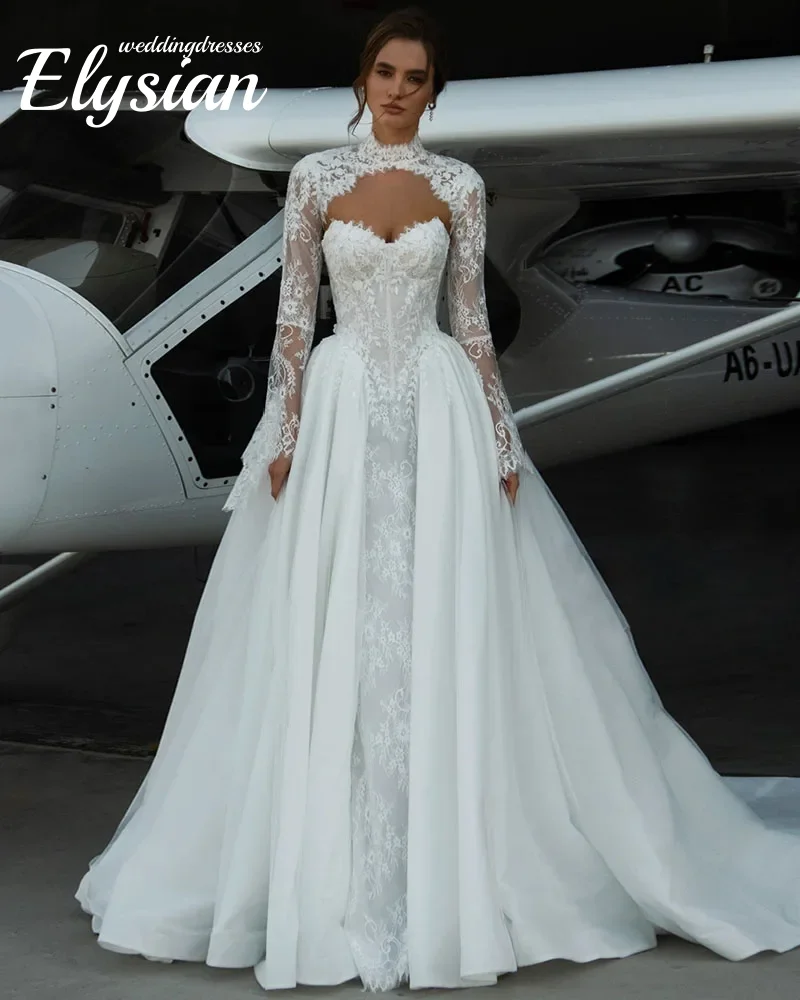 Abiti da sposa da sposa a trapezio in tulle di pizzo con scialle a maniche lunghe staccabile personalizzato Vestido De Novia