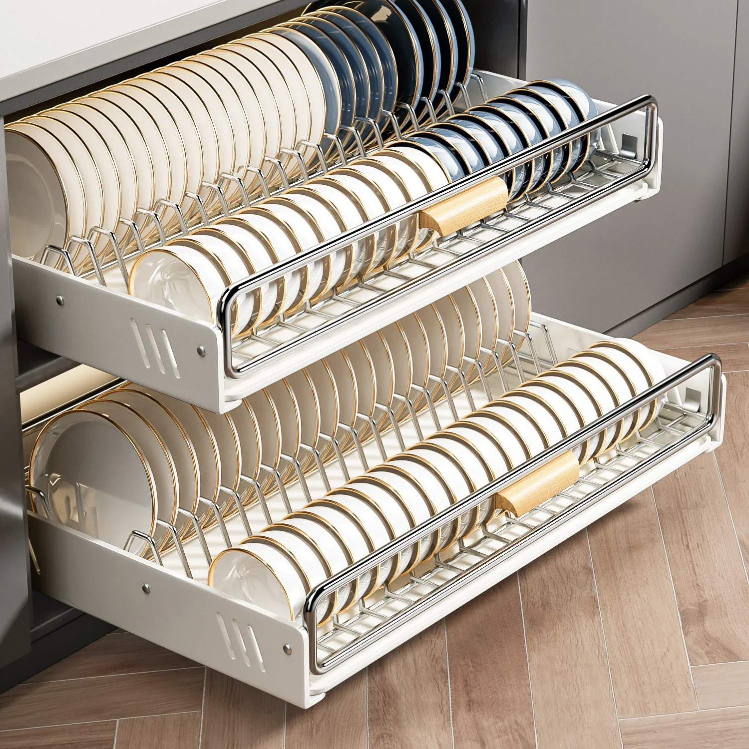 

Drawer Wooden Handle Kitchen Dish Storage Rack Divider Dish Pullout Slider Punch-free Drawer Organiser Spice Racks Drainer Shelf