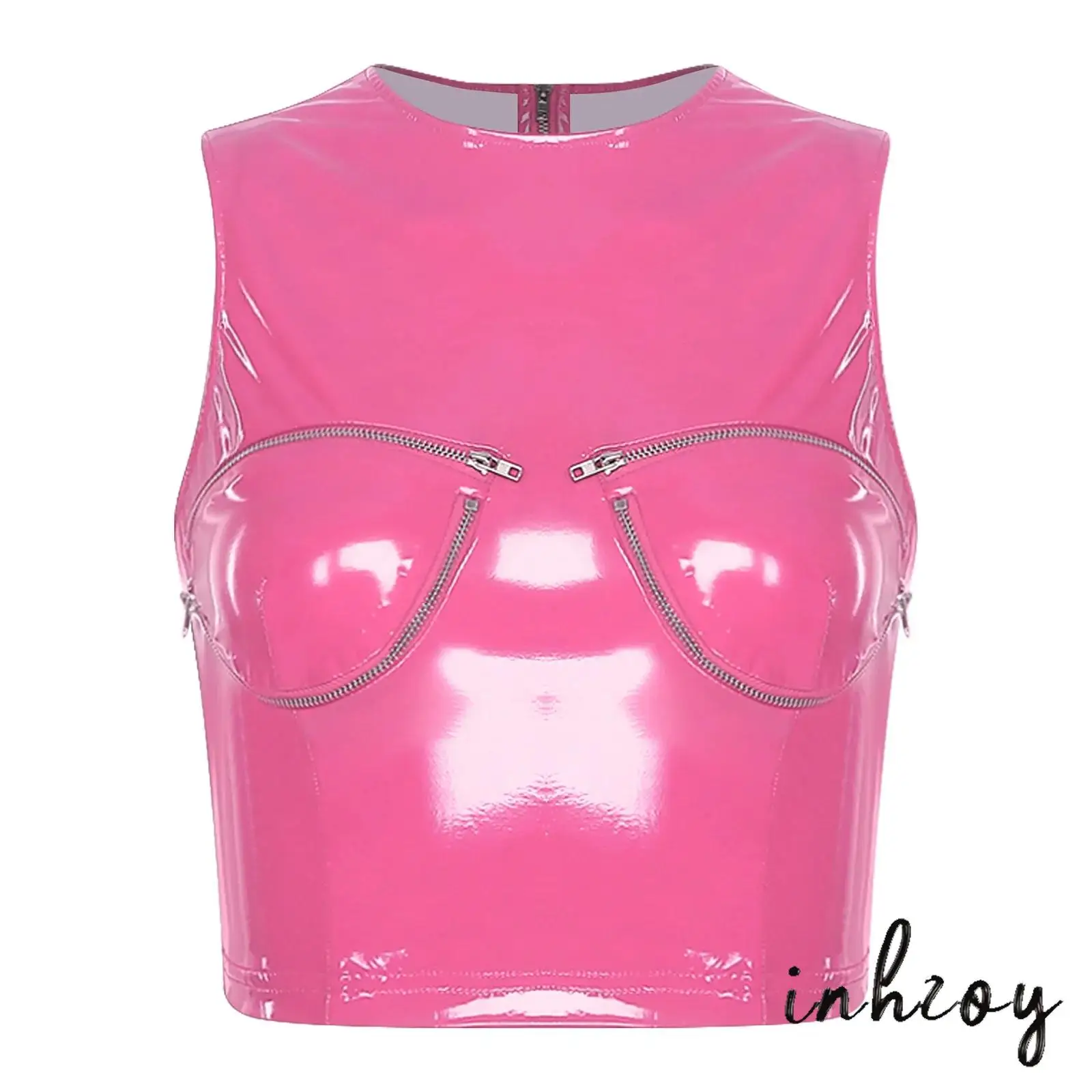 

Женский глянцевый укороченный топ из искусственной кожи на молнии, без рукавов, с круглым вырезом, на молнии сзади, в стиле «мокрый» для клубов и ночных мероприятий