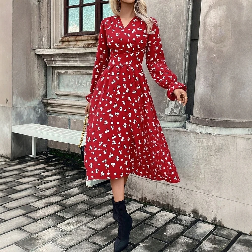 YuooMuoo فستان امرأة 2026 جديد أوروبا موضة أنيقة الخصر النحيف ضمادة فستان حفلة طويلة خمر Y2K الكرز طباعة ملابس حريمي