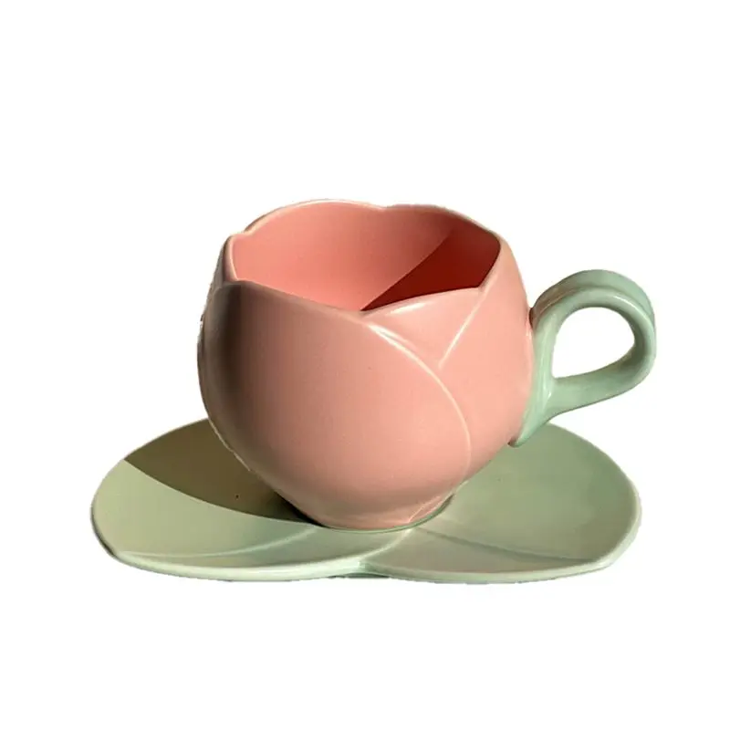 AEE4-300Ml Flower Shaped Coffee Tulip Cup Teacup Saucer Drinking Cup Tulip Mug