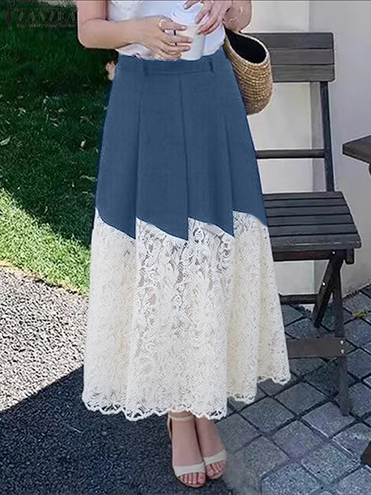 Zomer Maxi Rokken Vrouwen Mode A-lijn Bodems Casual Losse Geplooide Broek Mode Kant Patchwork Overrokken 2025, ZANZEA